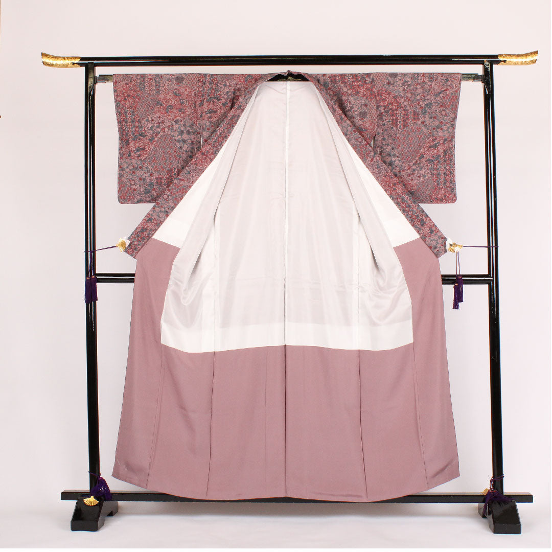 小紋 身丈160cm 裄丈64cm 袷  更紗柄 正絹 Sランク 紫系 1115000202320