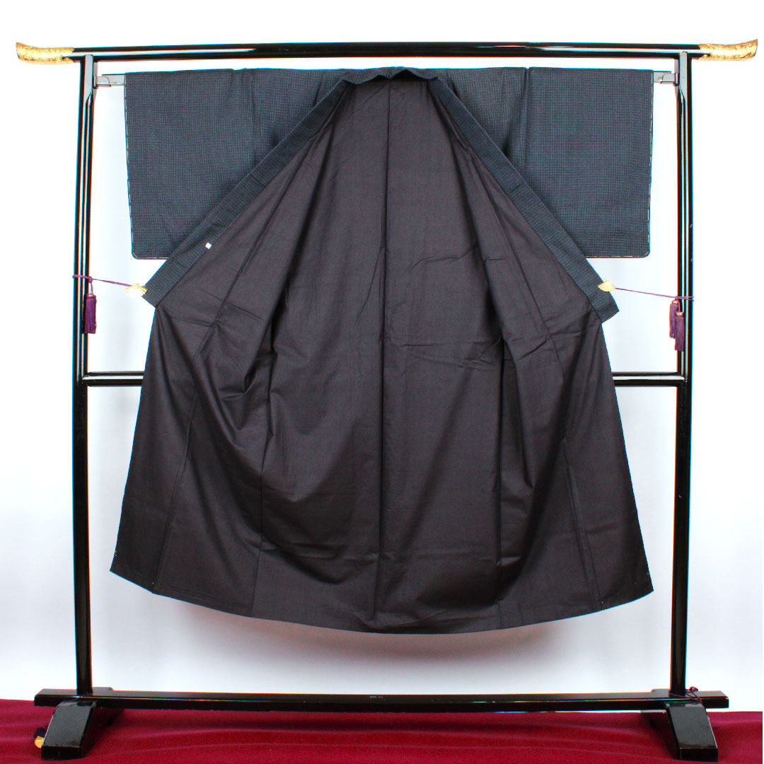 男物 身丈137.5cm 裄丈66.5cm 格子 正絹 Sランク 袷 紺系 1119000422318