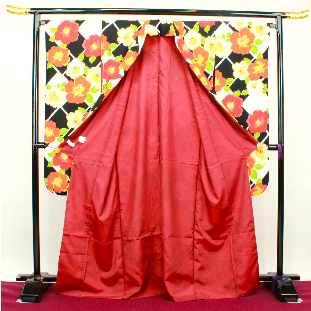 振袖 身丈168cm 裄丈68cm 袷  モノトーン 洗える着物 椿  ポリ Sランク 黒系 1113001392510