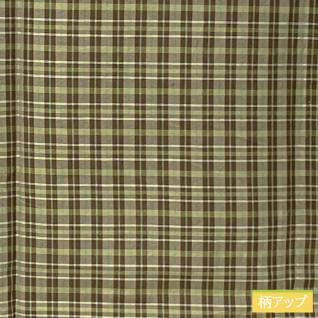 男物 木綿 Sランク 身丈148.5cm 裄丈68cm  利休生壁色（りきゅうなまかべいろ） 憲法茶色（けんぽうちゃいろ） チェック柄 内ポケット付き 単衣 緑系 1119001092419
