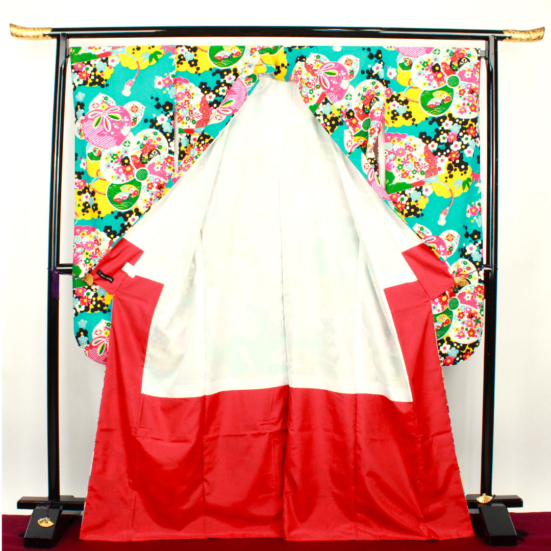 Long-sleeved kimono, length 170cm, sleeve length 70cm, lined, Shinbashi color, washable kimono, plum, poly, S rank, blue, 1113000982617