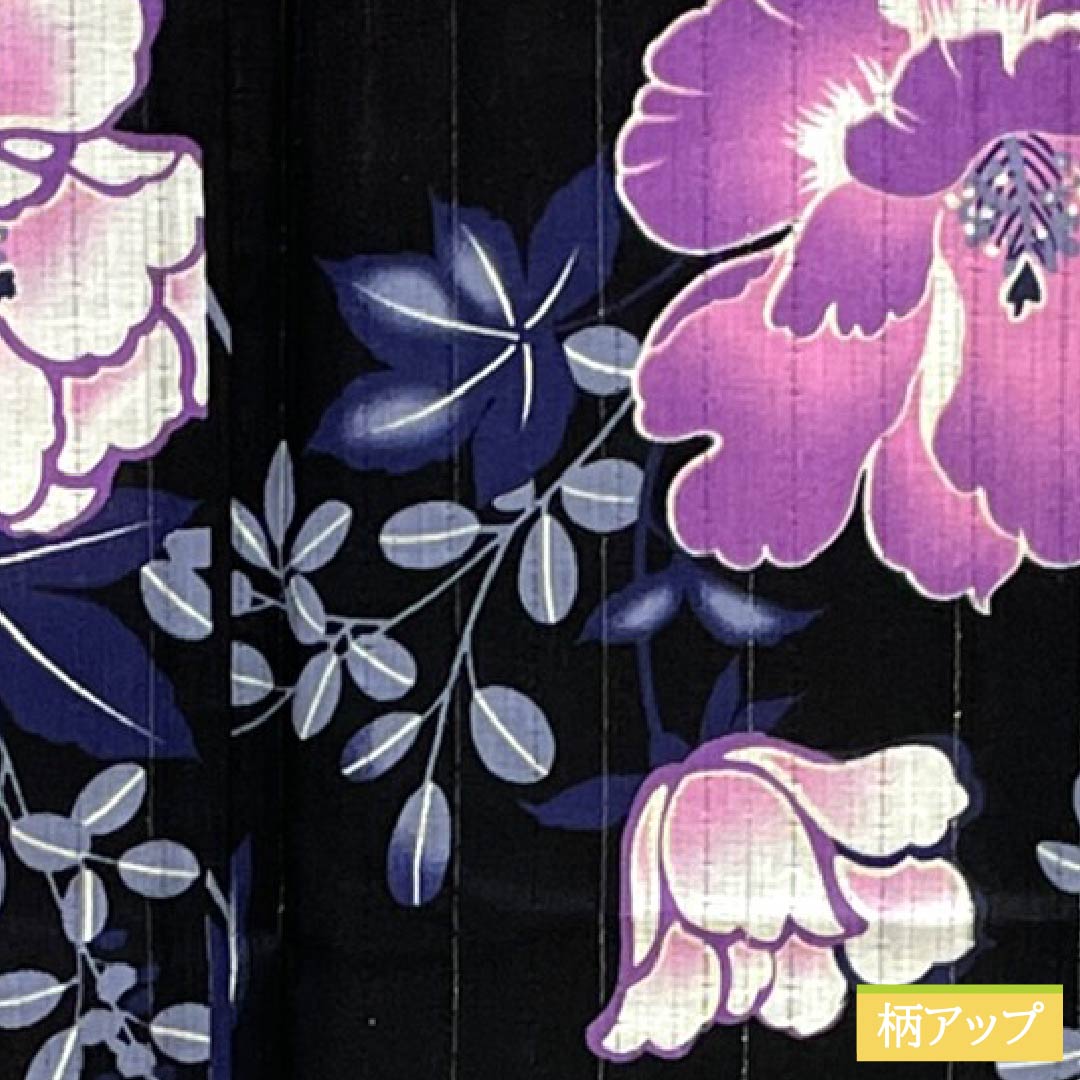 Cotton Yukata, Length 161.5cm, Sleeve Length 65cm, S Rank, Single Layer, Black, Vertical Silk, Floral Design with Silver Thread, Product Number: 1118006662410