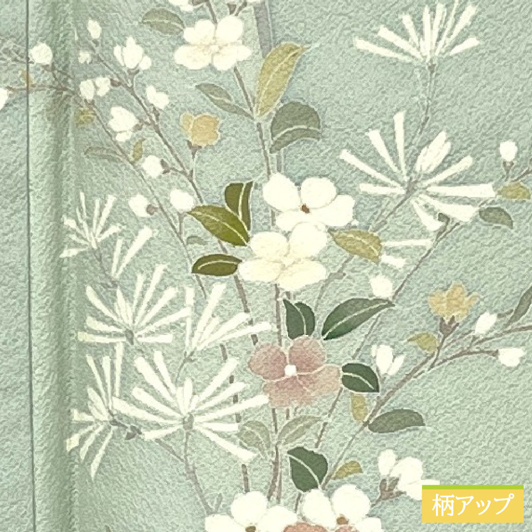 訪問着 正絹 袷 身丈153cm 裄丈65.5cm 秘色（ひそく） 京友禅 桜 椿 菊 スーパーガード加工 Aランク 水色系 1112005503224