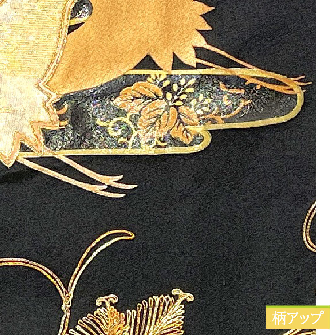 Black formal kimono, pure silk, length 162cm, sleeve length 64cm, lined, gold leaf embroidery, crane, five crests, three oak leaves in a circle, B grade, black, 1111001444410