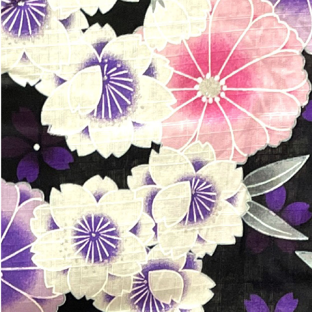 浴衣 蝶 桜 木綿 Sランク 単衣 身丈167cm 裄丈65cm 黒系 1118003712510