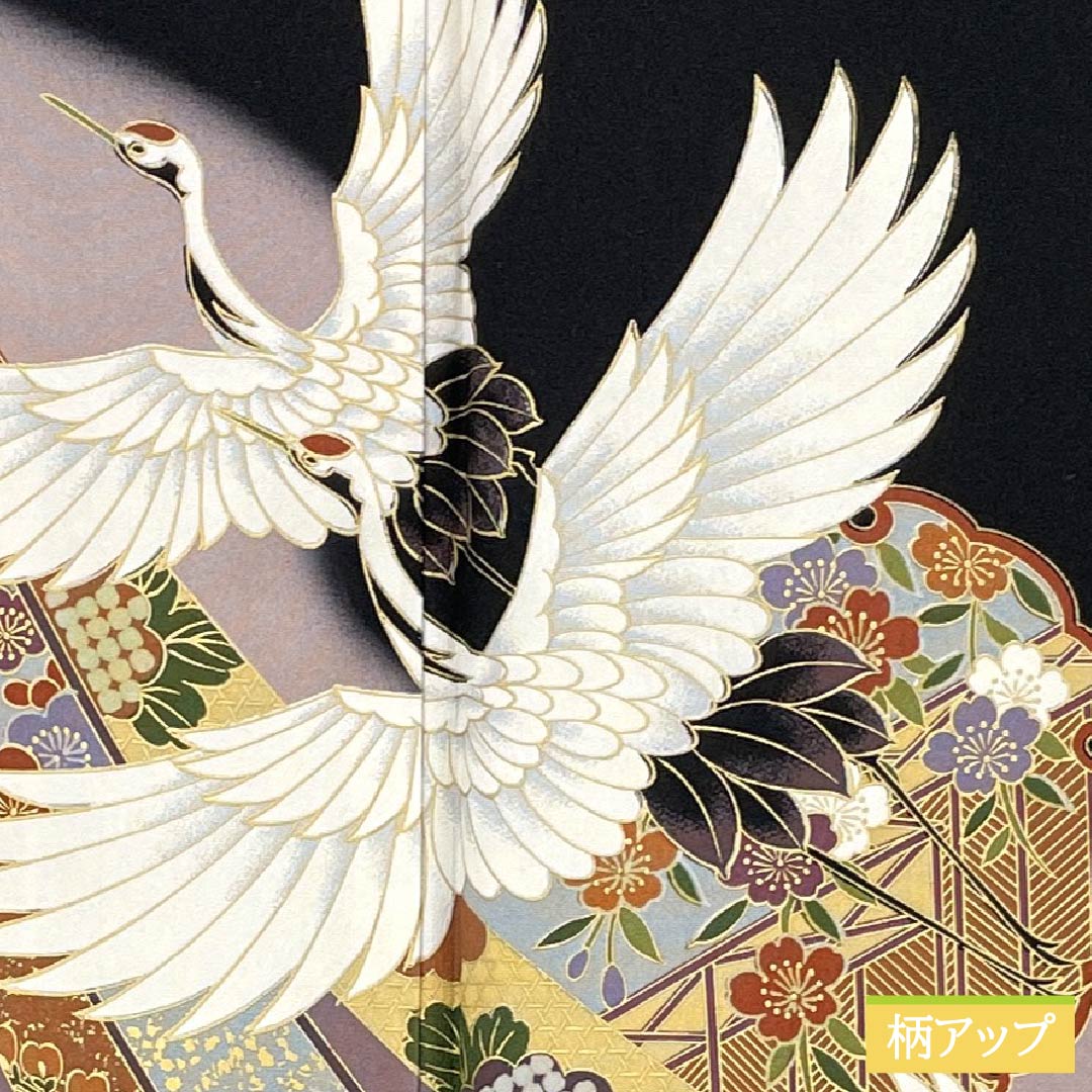 Black Tomesode (Japanese Kimono) - Pure Silk, S Rank, Length 163cm, Sleeve Length 66.5cm, Lined, Kyoto Yuzen, Five Crests, Paulownia, Crane, Noshi, Pine, Plum, Black, 1111002102410