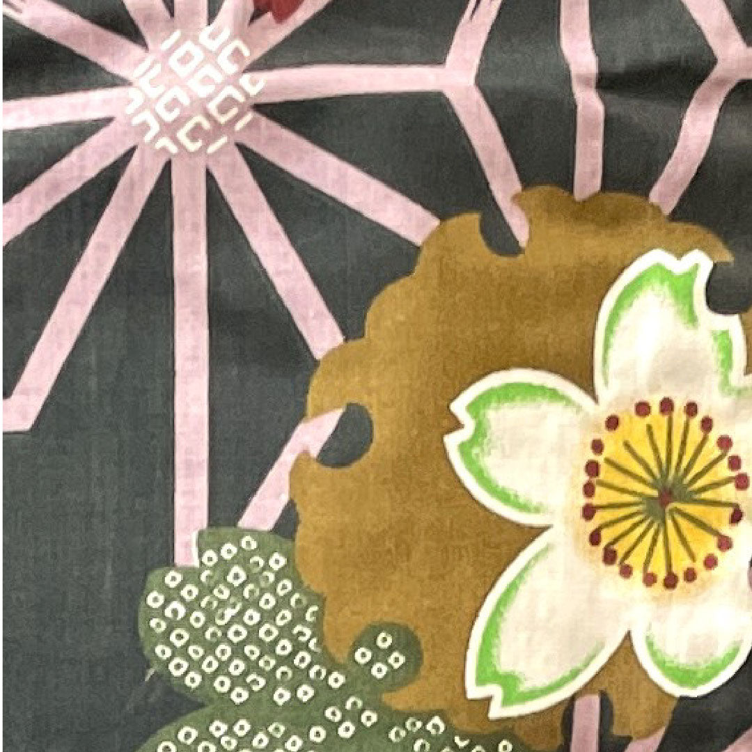 浴衣 雪輪 桜 麻の葉 木綿 Sランク 単衣 身丈164.5cm 裄丈64cm 黒系 1118002212410