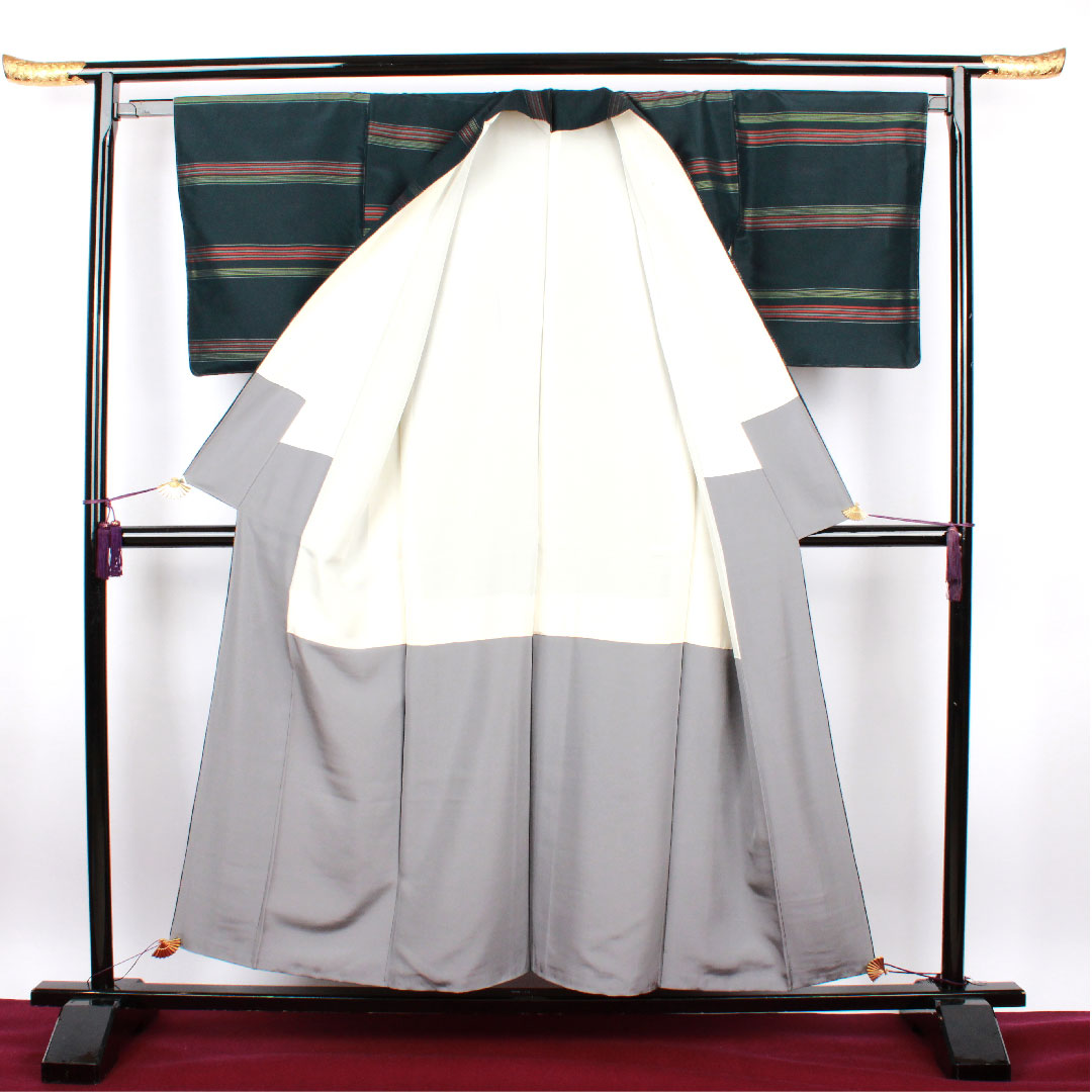 大島紬 身丈149.5cm 裄丈64cm 百入茶色 横縞模様 正絹 Sランク 袷 緑系 1116001662119