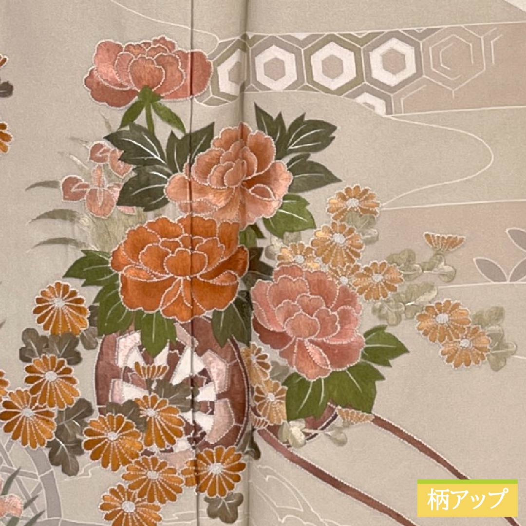 訪問着 正絹 Sランク 袷 身丈159cm 裄丈68cm 翁茶色（おきなちゃいろ） 京友禅 付下げ 蘇州刺繡 花車 扇面 ピンク系 1112006622313