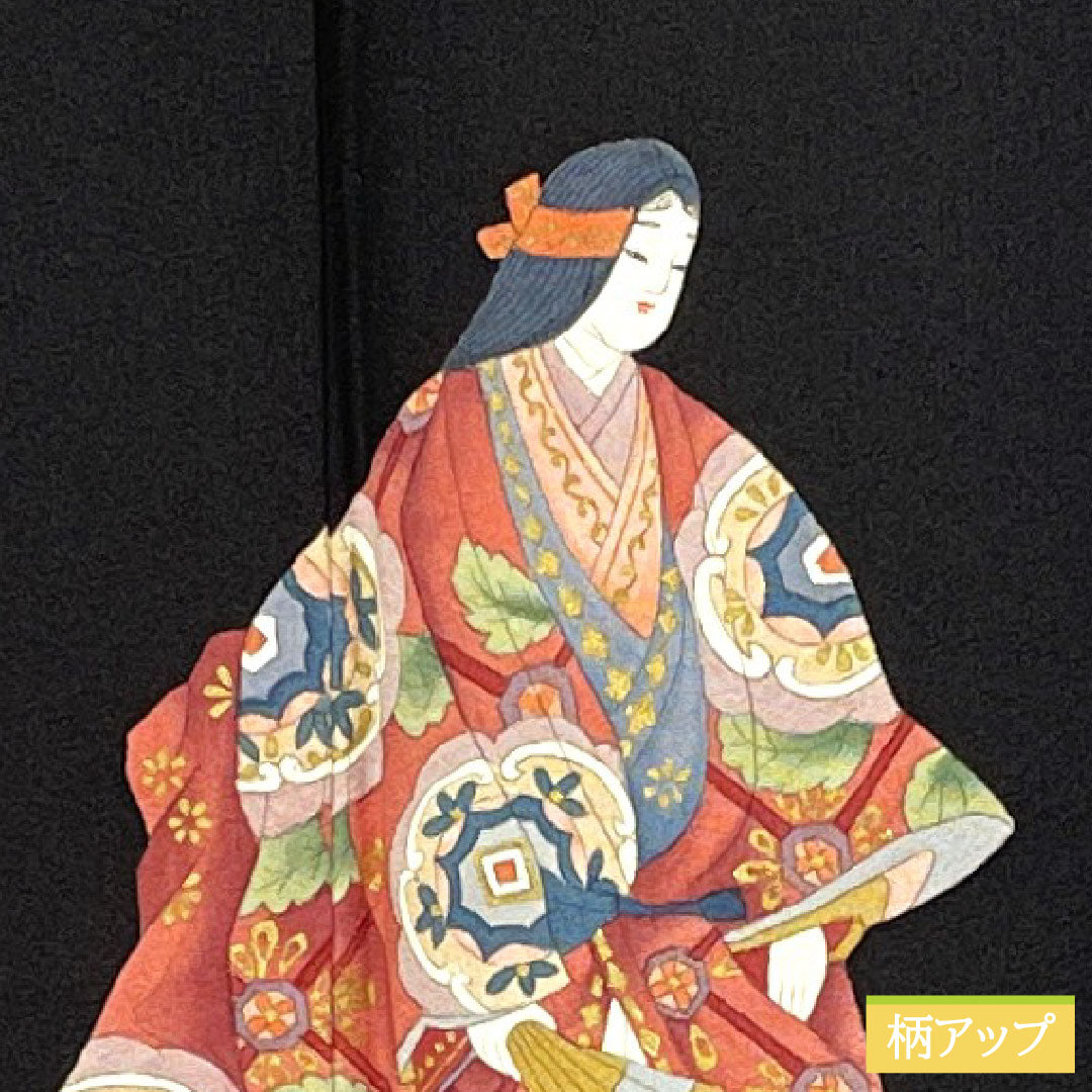 Black formal kimono, pure silk, length 164cm, sleeve length 69cm, lined, by artist, Kyoto yuzen, period figure, five crests, five-three paulownia, A rank, black, 1111001463410