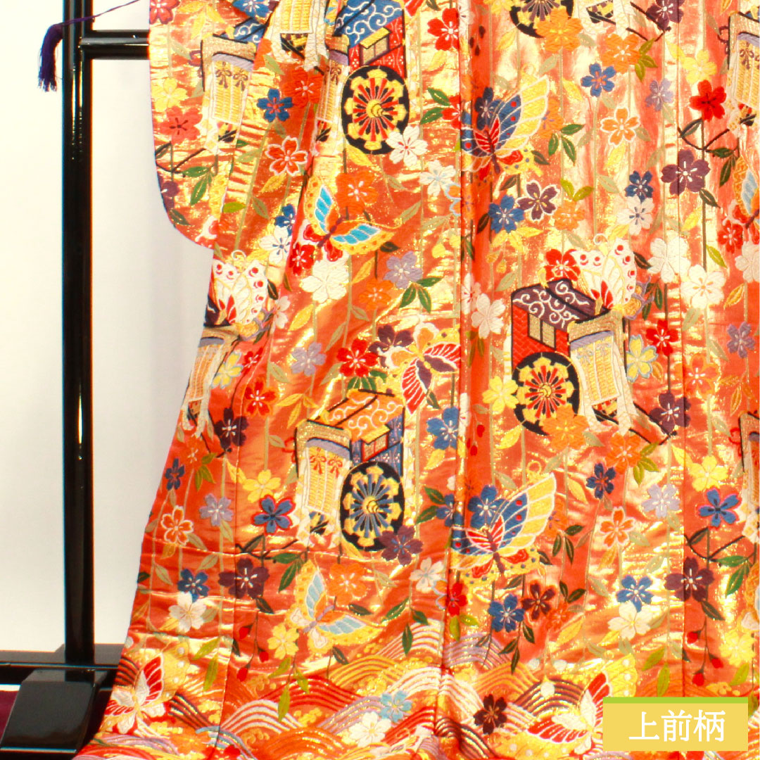 Colored uchikake, pure silk, length 187cm, sleeve length 67cm, scarlet, Karaori, Imperial carriage, Seigaiha, auspicious motif, S rank, lined, vermilion, 1110000782916