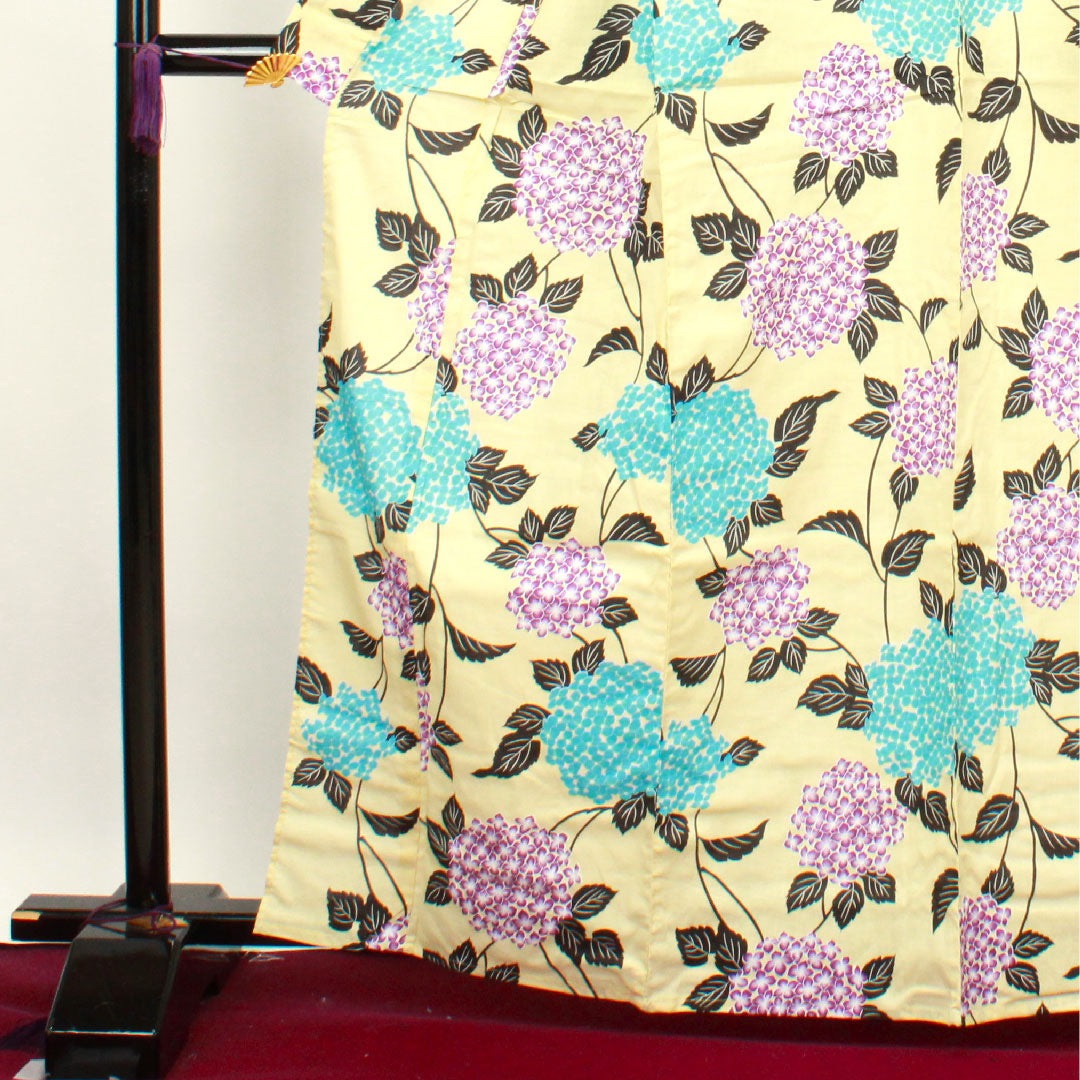 浴衣 淡黄色 紫陽花 木綿 Sランク 単衣 身丈164.5cm 裄丈63cm 黄系 1118002612423