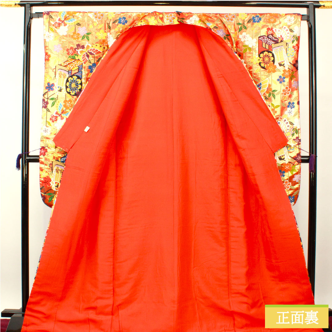 Colored uchikake, pure silk, length 187cm, sleeve length 67cm, scarlet, Karaori, Imperial carriage, Seigaiha, auspicious motif, S rank, lined, vermilion, 1110000782916