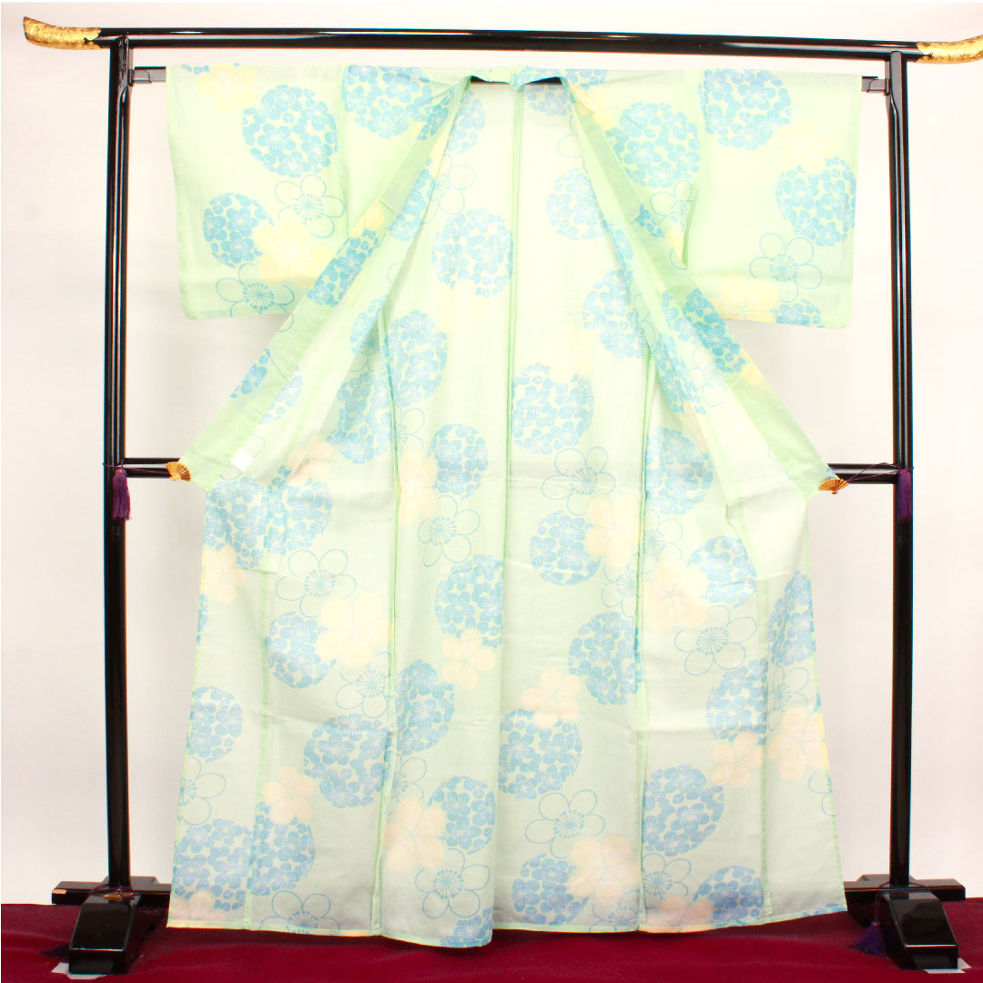 浴衣 薄緑色 梅 木綿 Sランク 単衣 身丈167cm 裄丈66cm 緑系 1118003812519