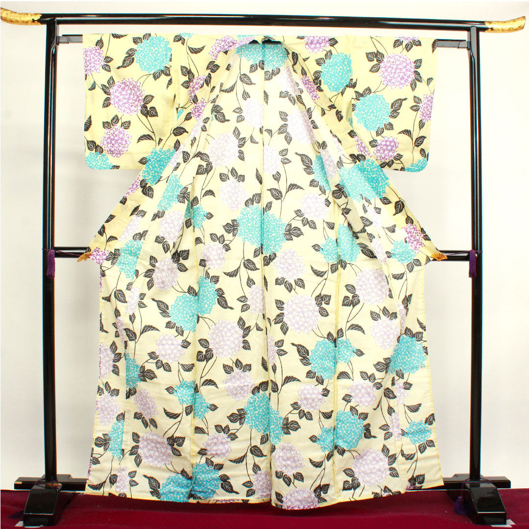 Yukata, pale yellow, hydrangea, cotton, S rank, single layer, length 164.5cm, sleeve length 63cm, yellow, 1118002612423