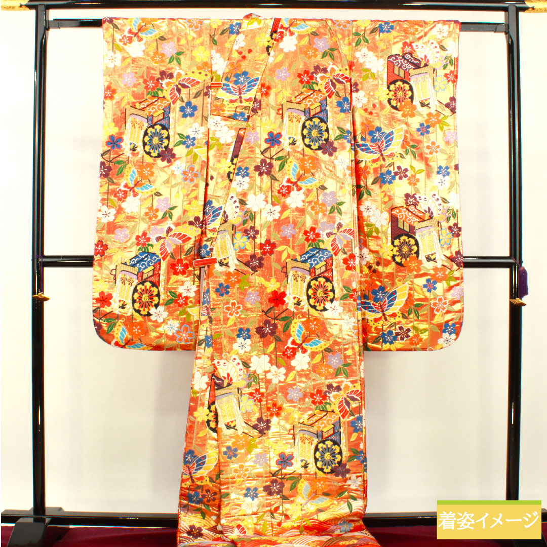 Colored uchikake, pure silk, length 187cm, sleeve length 67cm, scarlet, Karaori, Imperial carriage, Seigaiha, auspicious motif, S rank, lined, vermilion, 1110000782916