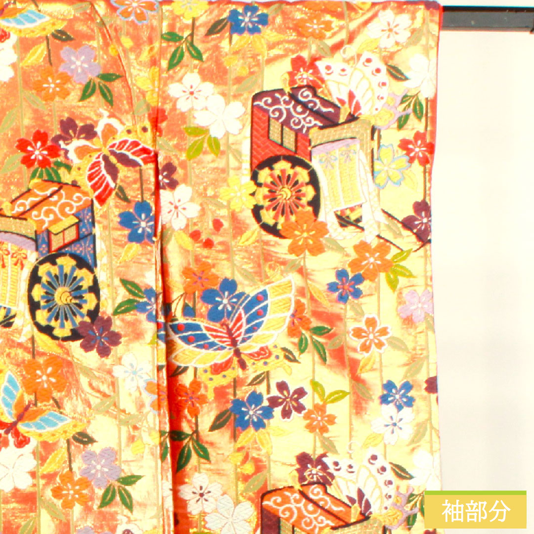 Colored uchikake, pure silk, length 187cm, sleeve length 67cm, scarlet, Karaori, Imperial carriage, Seigaiha, auspicious motif, S rank, lined, vermilion, 1110000782916