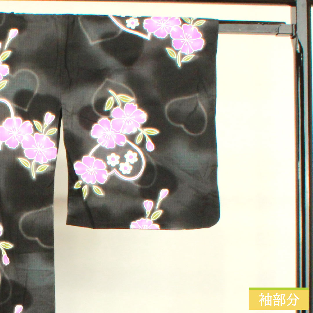 浴衣 木綿 身丈163.5cm 裄丈67cm Sランク 単衣 黒系 ハート 桜 1118005152410