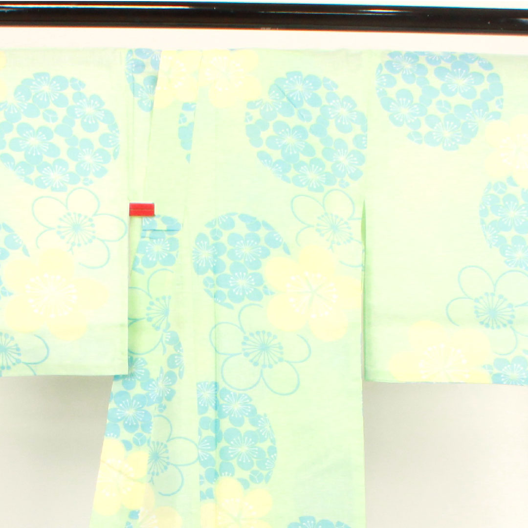 浴衣 薄緑色 梅 木綿 Sランク 単衣 身丈167cm 裄丈66cm 緑系 1118003812519