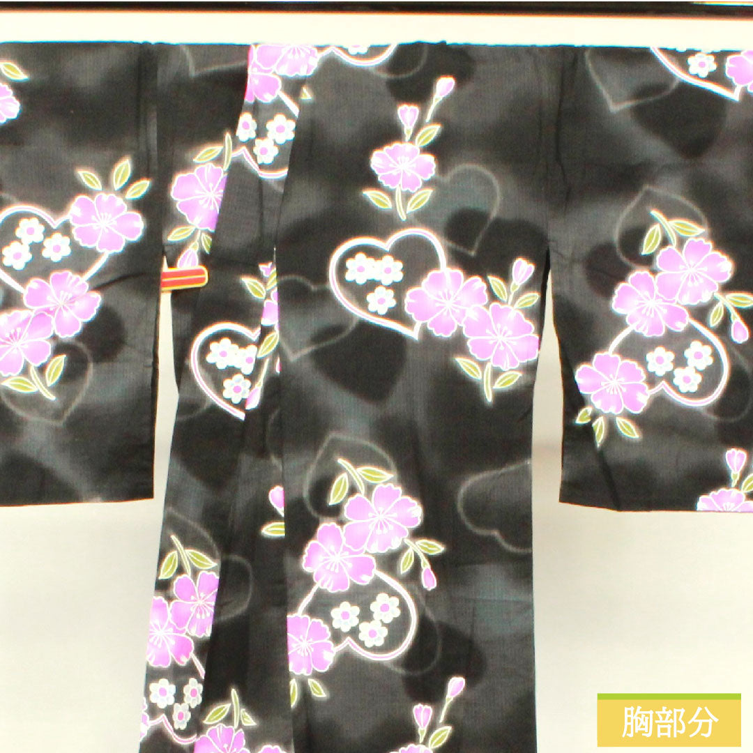 浴衣 木綿 身丈163.5cm 裄丈67cm Sランク 単衣 黒系 ハート 桜 1118005152410