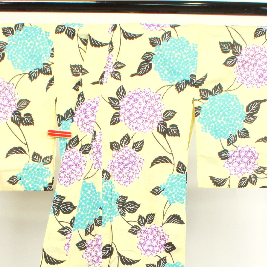 Yukata, pale yellow, hydrangea, cotton, S rank, single layer, length 164.5cm, sleeve length 63cm, yellow, 1118002612423