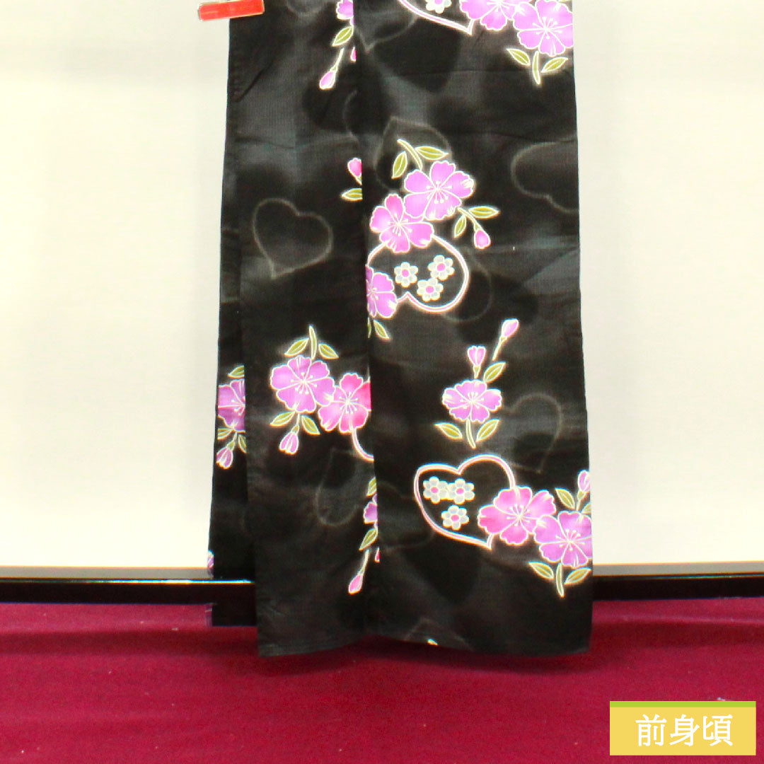 浴衣 木綿 身丈163.5cm 裄丈67cm Sランク 単衣 黒系 ハート 桜 1118005152410