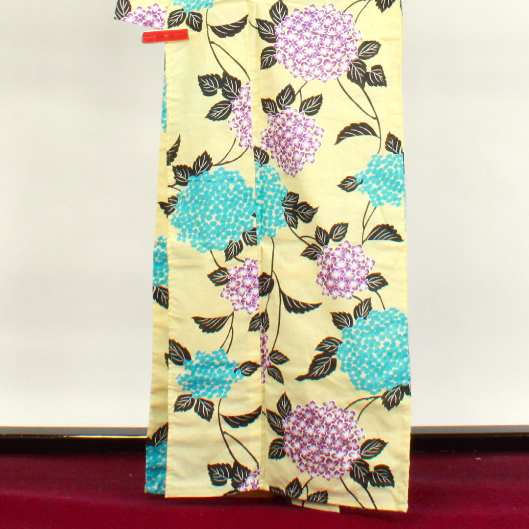 Yukata, pale yellow, hydrangea, cotton, S rank, single layer, length 164.5cm, sleeve length 63cm, yellow, 1118002612423
