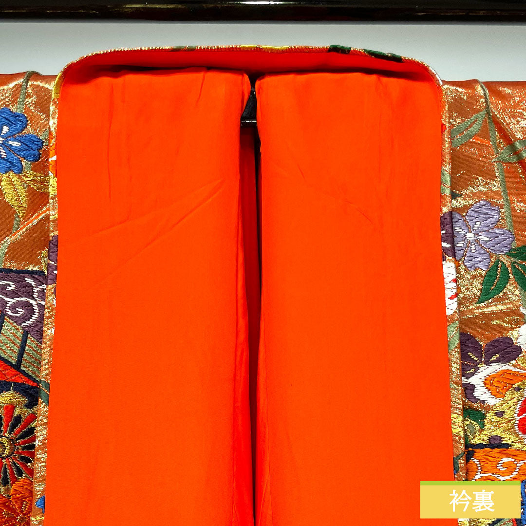Colored uchikake, pure silk, length 187cm, sleeve length 67cm, scarlet, Karaori, Imperial carriage, Seigaiha, auspicious motif, S rank, lined, vermilion, 1110000782916