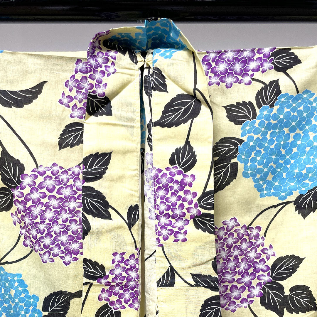 Yukata, pale yellow, hydrangea, cotton, S rank, single layer, length 164.5cm, sleeve length 63cm, yellow, 1118002612423