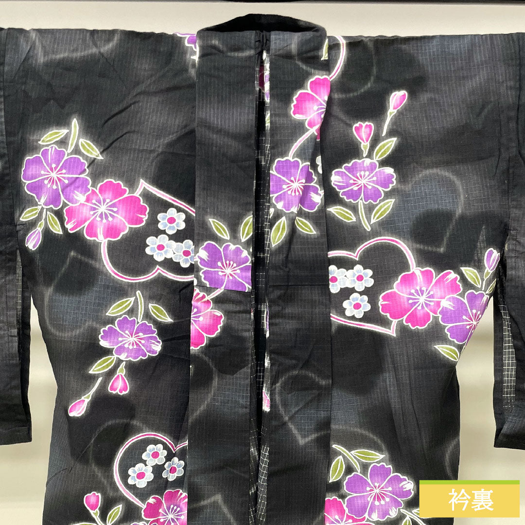 浴衣 木綿 身丈163.5cm 裄丈67cm Sランク 単衣 黒系 ハート 桜 1118005152410