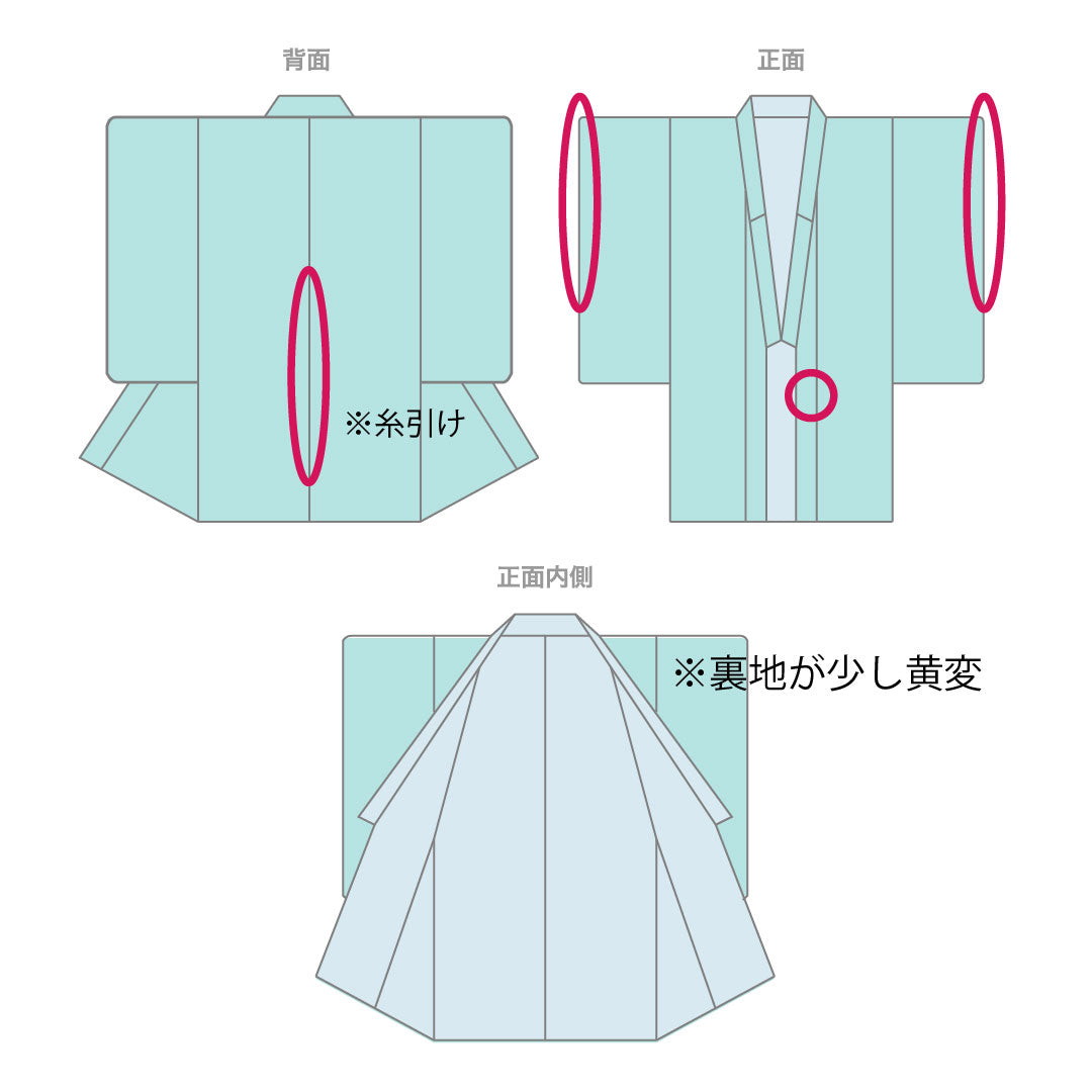 Plain color, pure silk, length 150cm, sleeve length 63cm, Wakanae-iro, plain color, one crest, different hawk feathers, lined, B rank, green, 1114001774119