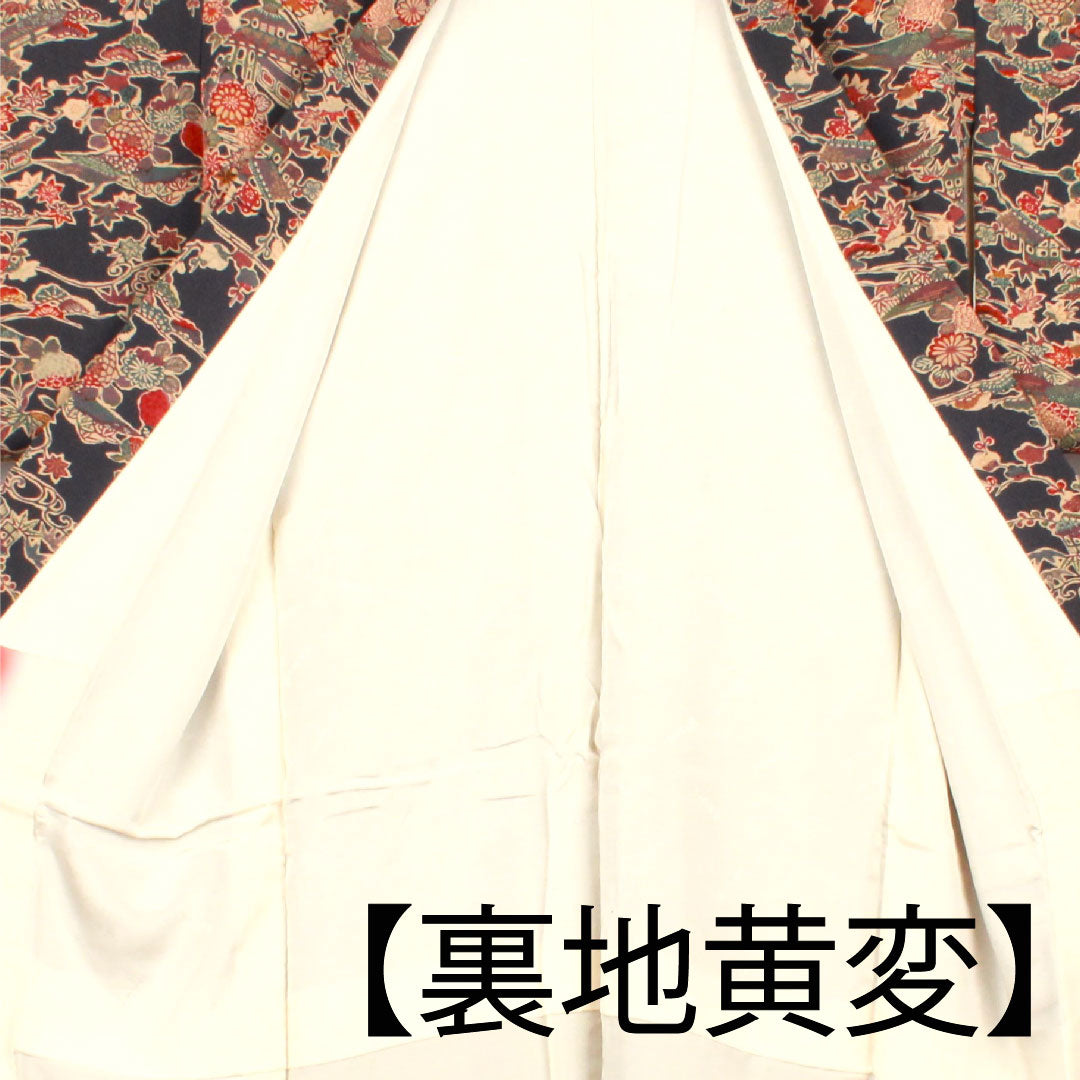 小紋 身丈154.5cm 裄丈60.5cm 袷  青褐色 型染 草花模様  正絹 Aランク 紺系 1115002293218