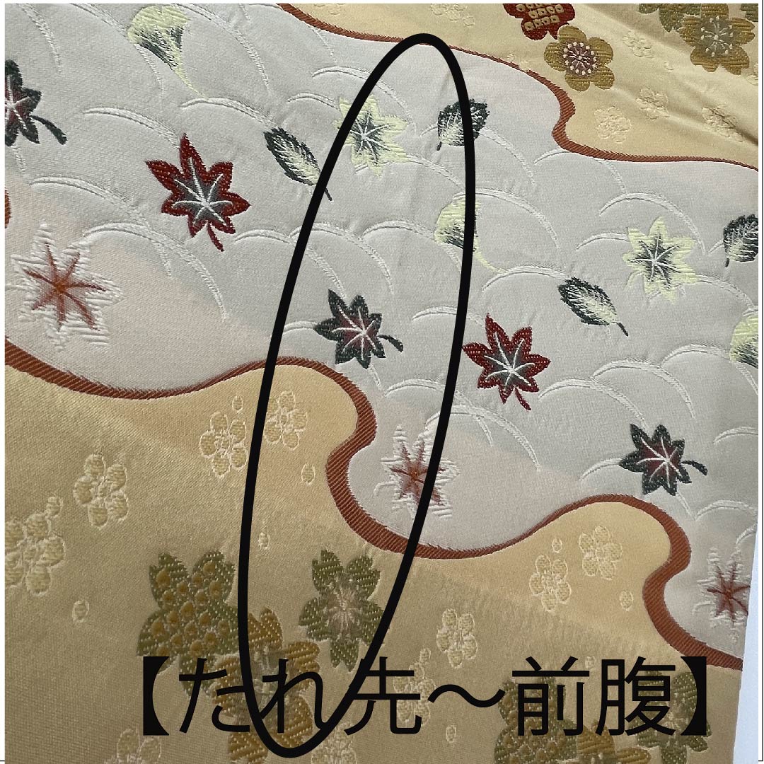 名古屋帯 京袋帯 生成り色 横段 芝草 桜 梅 紅葉 帯丈378cm ポリ Aランク 六通 セミフォーマル クリーム系 1124003483315  開き仕立て