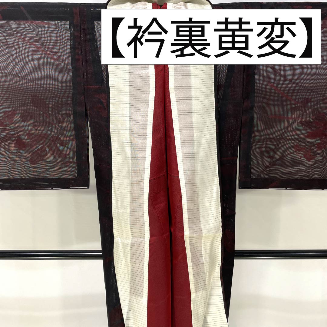 夏物 正絹 お召 Bランク 身丈155.5cm 裄丈62.5cm 暗紅色（あんこうしょく） 露芝 草花模様 紗 赤系 1132004264312