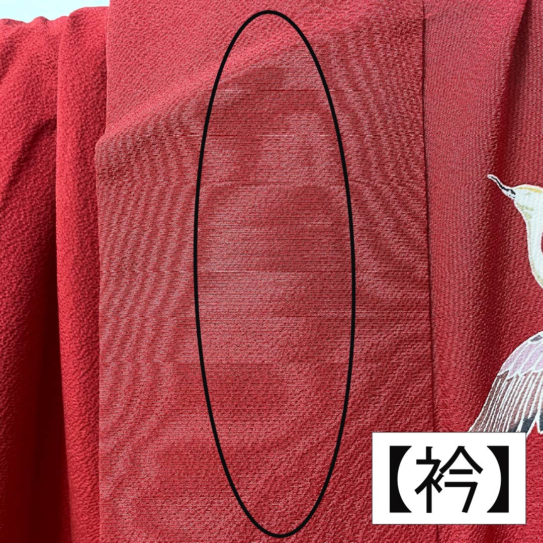 振袖 正絹 Sランク 身丈161.5cm 裄丈63.5cm 袷 生臙脂色（しょうえんじいろ） 京紅型 鶴 流水 桜 菖蒲 赤系 1113002372412