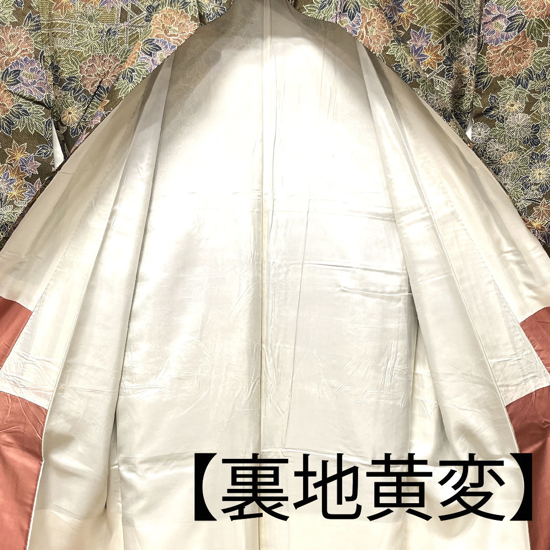 小紋 身丈158.5cm 裄丈64cm 袷  苦色 草花模様  正絹 Aランク 茶系 1115002723314