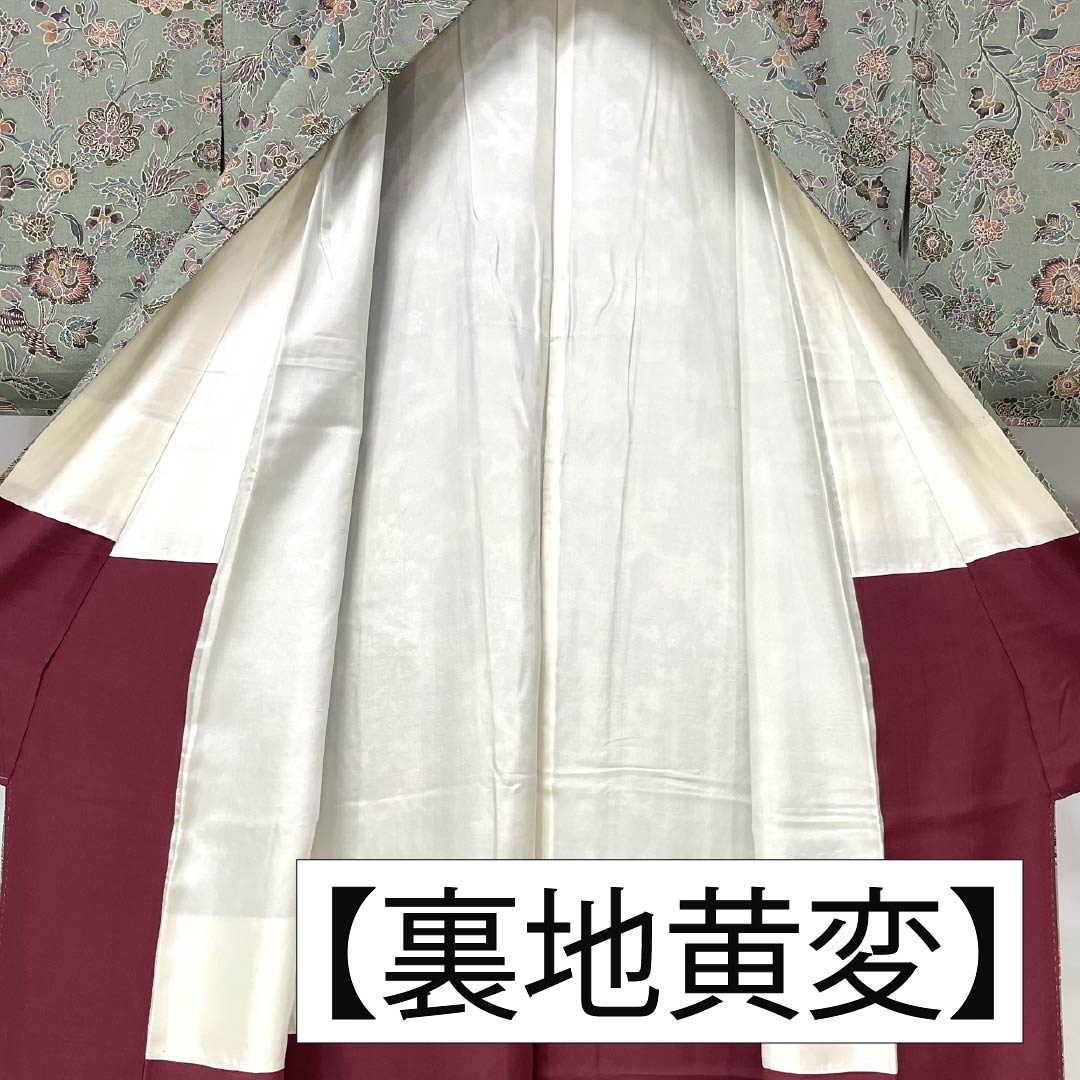 小紋 正絹 Sランク 身丈156.5cm 裄丈63cm 袷 利休鼠色（りきゅうねずみいろ） 更紗 緑系 1115007162319