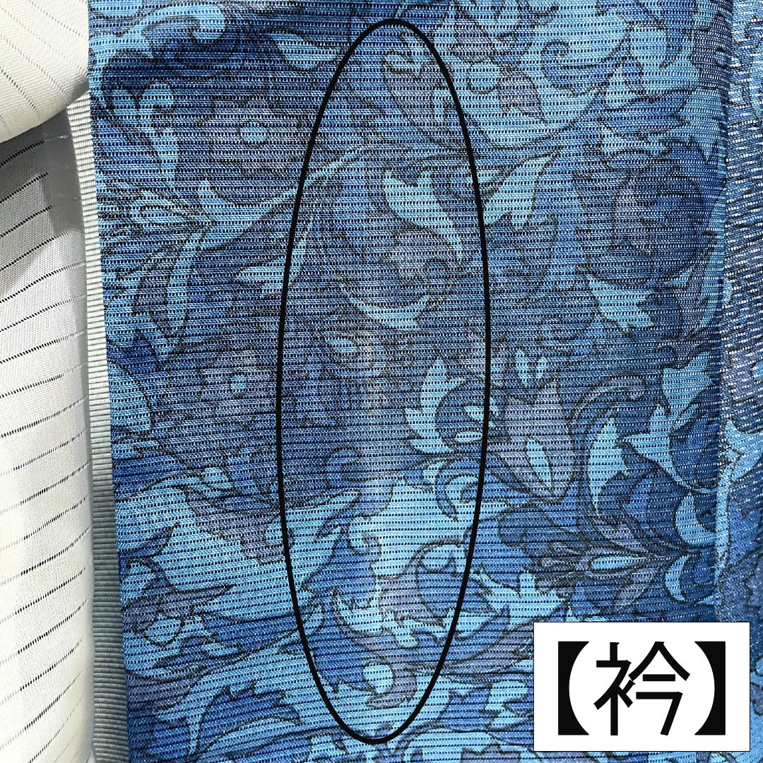 夏物 ポリエステル 小紋 Aランク 身丈167cm 裄丈66cm 甕覗色（かめのぞきいろ） 洗える着物 更紗模様 絽 青系 1132006103517