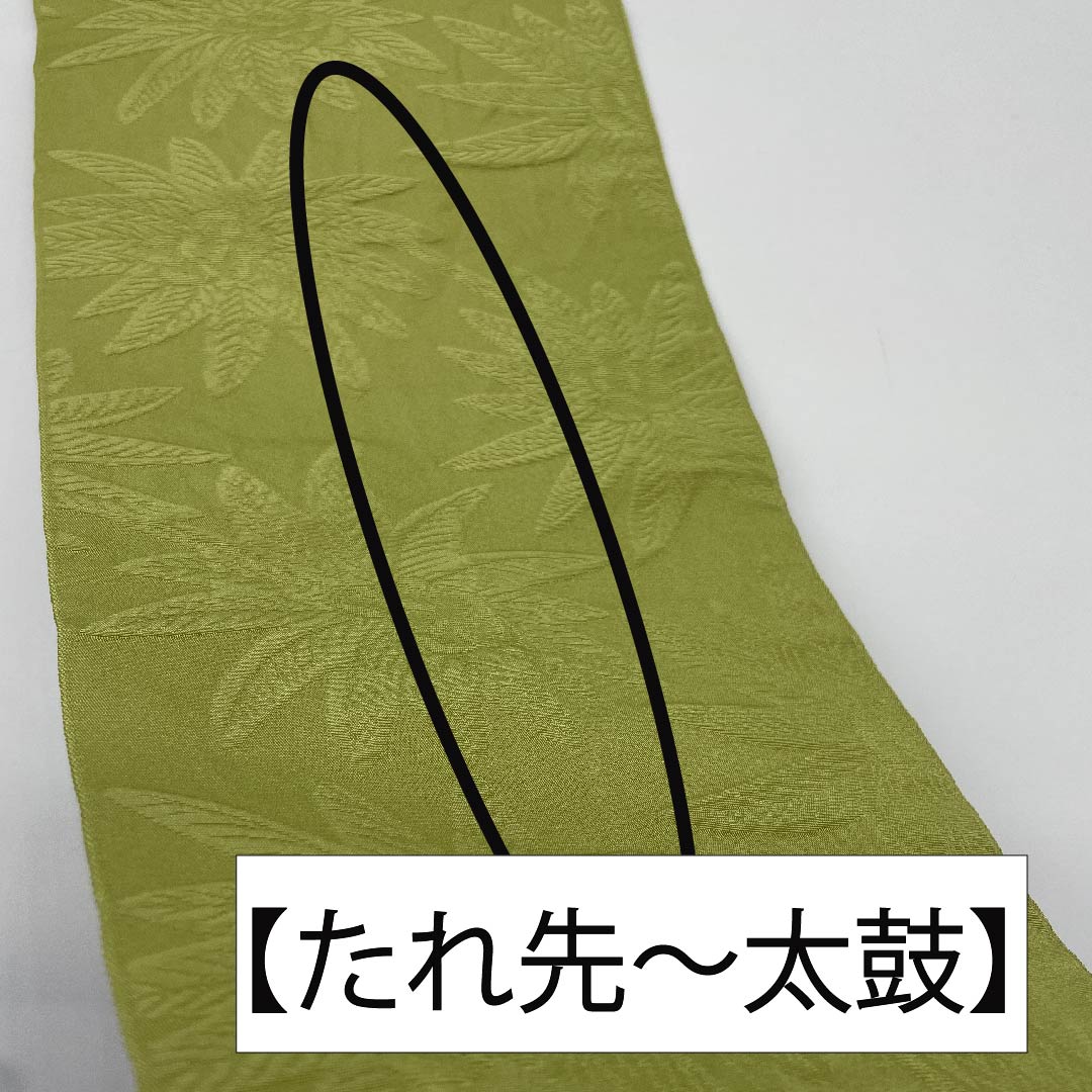 半幅帯 ポリエステル 帯丈380cm 青朽葉色（あおくちばいろ） 花柄 アダン 植物模様 雲 幾何学模様 緑系 Aランク 1125001303319