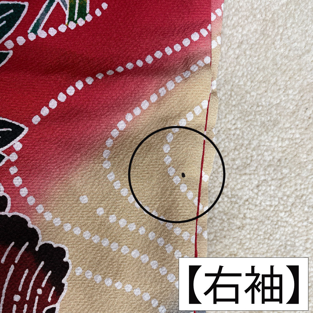 Furisode (long-sleeved kimono) made of pure silk, length 164.5cm, sleeve length 68cm, lined, old Turkish red, Kyoto Bingata, auspicious motif, S rank, red, 1113002062412