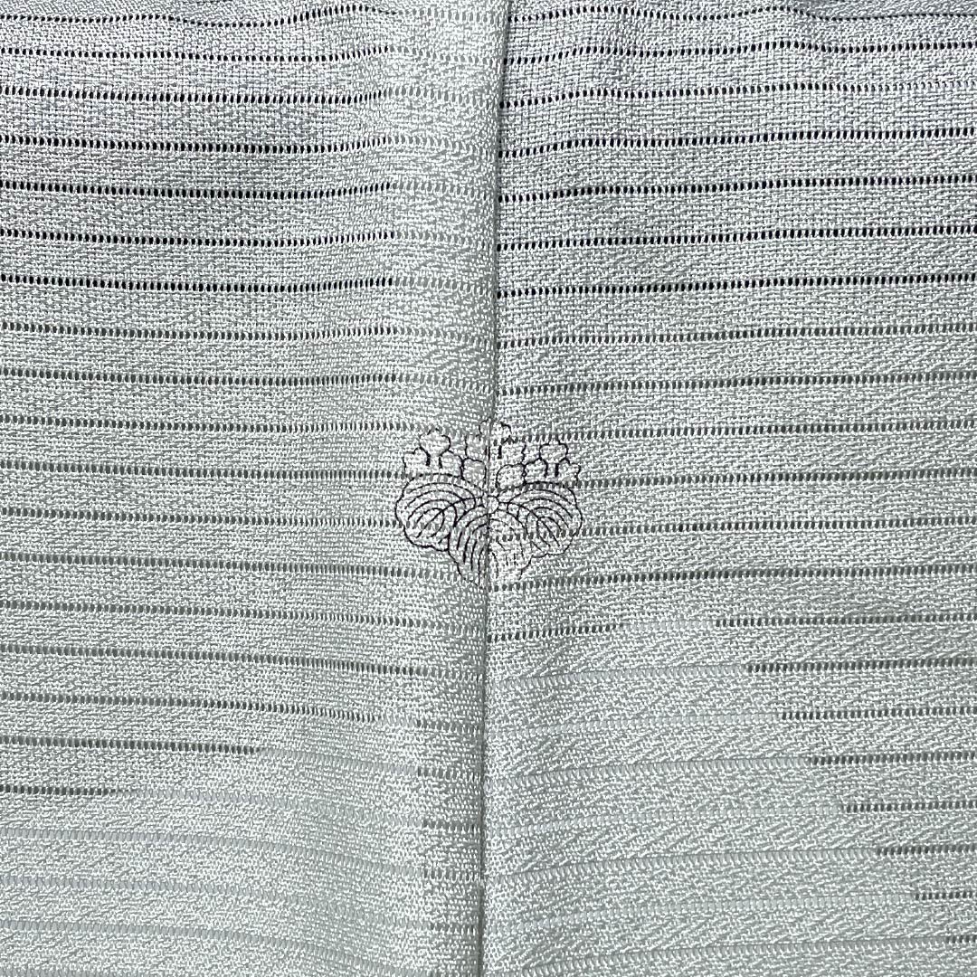 夏物 ポリエステル 色無地 Aランク 身丈163cm 裄丈66cm 青白磁色（せいはくじいろ） 一つ紋 五三桐 洗える着物 絽 緑系 1132002903419