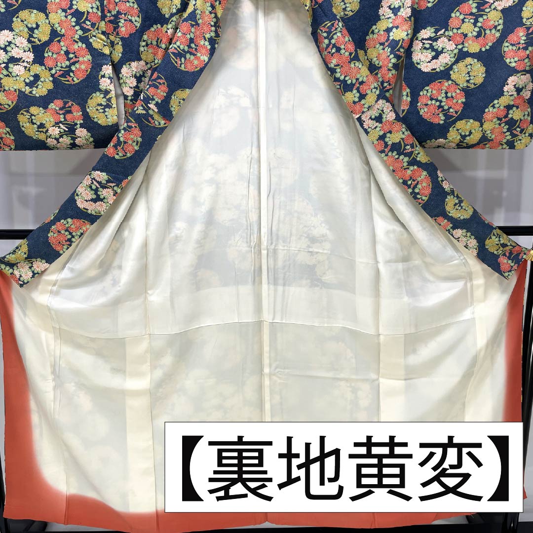 小紋 正絹 Aランク 身丈154cm 裄丈60cm 袷 紺色（こんいろ） 花丸紋 紺系 1115007693218
