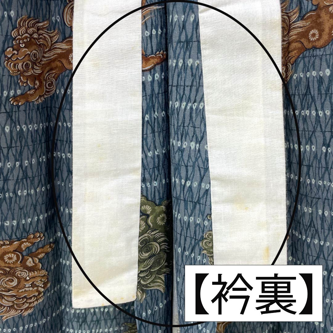 Men's wool nagajuban (long under-kimono), Grade A, length 147cm, sleeve length 68cm, Omeshi-chairo (brown) fabric, lion design, single-layer, green-toned, 1140000653419