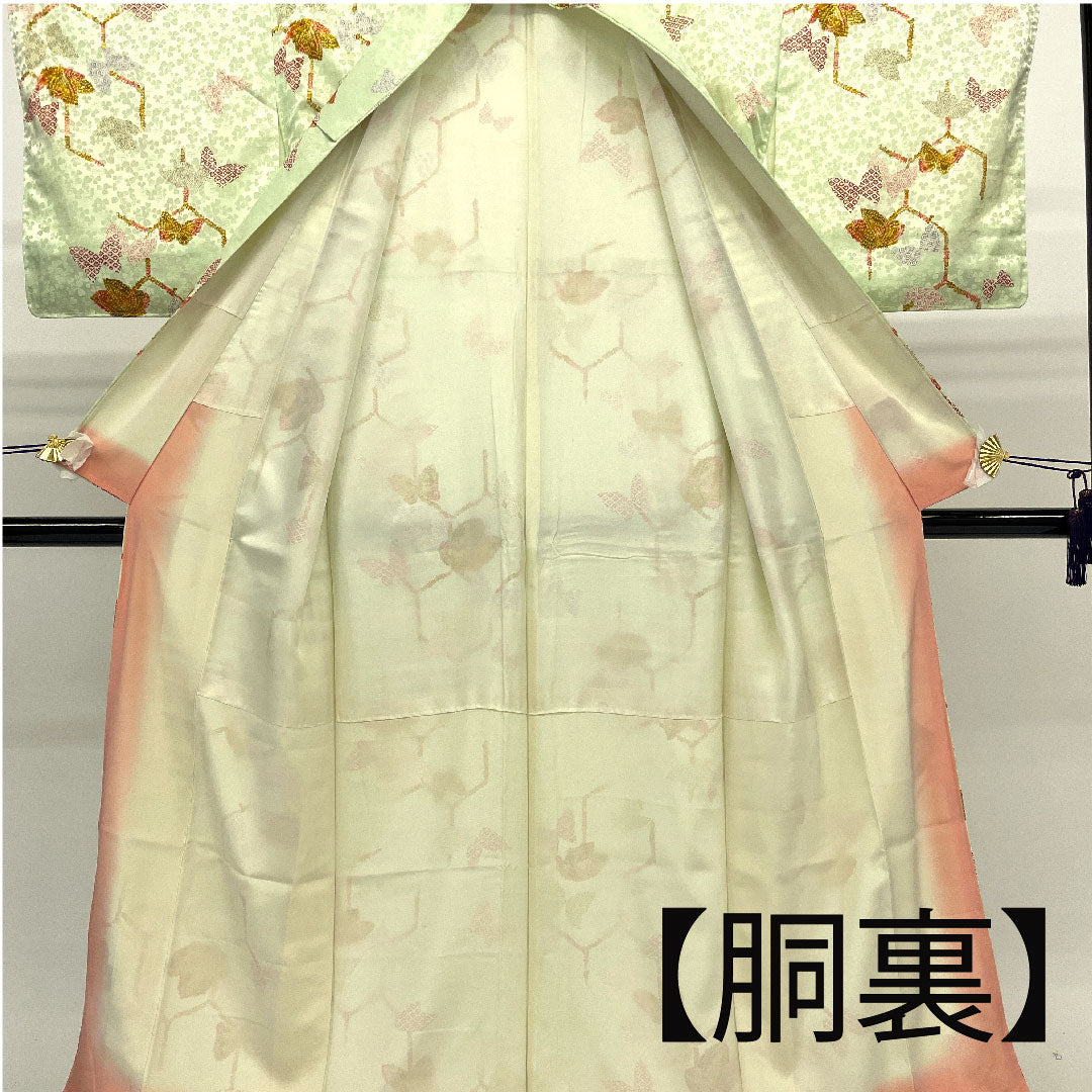 小紋 身丈161cm 裄丈66cm 袷  蝶に亀甲模様 洗える着物  ポリ Bランク 緑系 1115001014319
