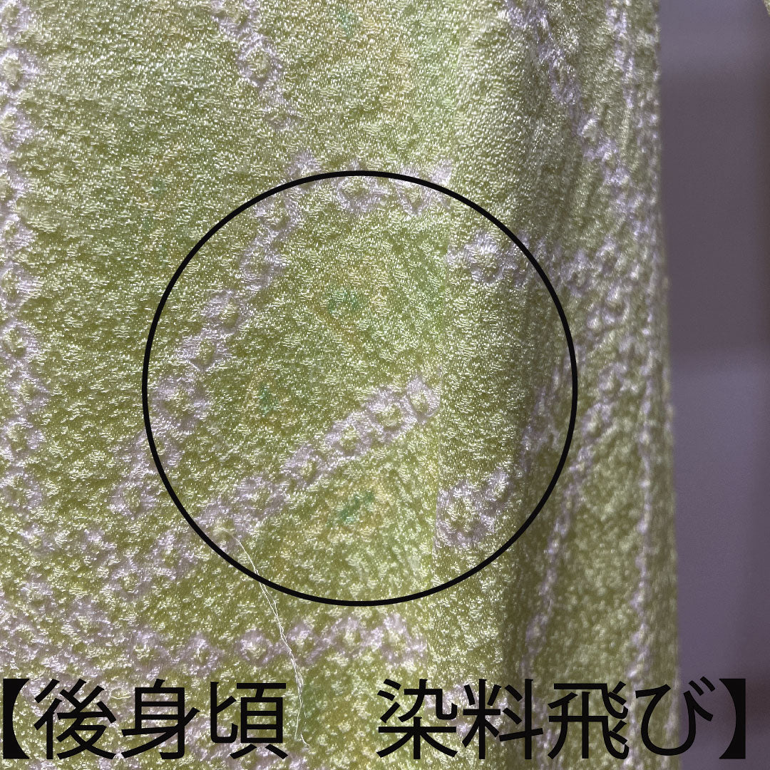Homongi, pure silk, lined, length 162.5cm, sleeve length 62cm, young bud color, embroidery, tie-dye, hemp leaf, A rank, green, 1112003433419