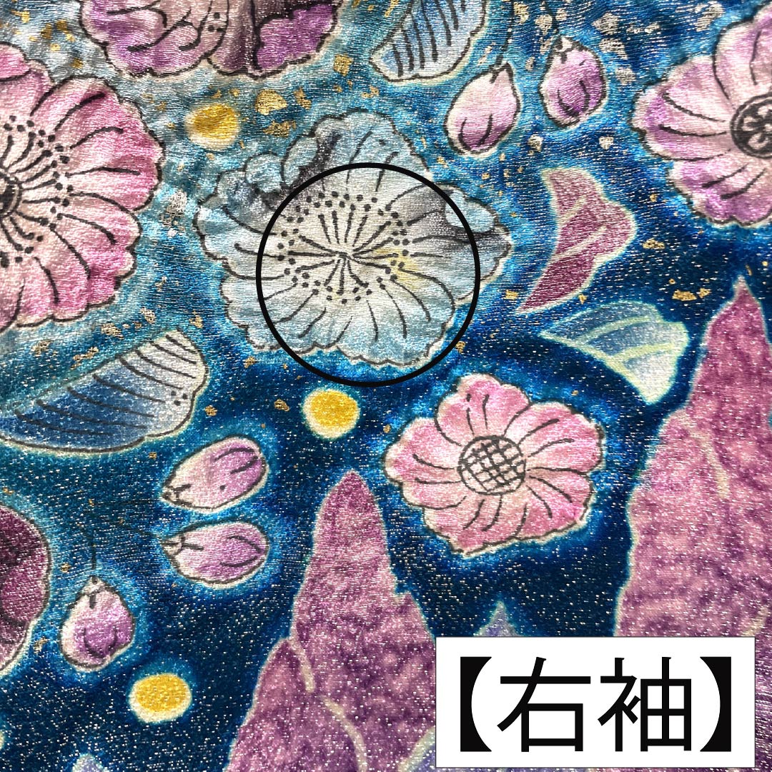A5 ◆着物くつろぎ 花々模様 青紫色系 正絹 袷 振袖 着物 K10 振袖（正絹） 桜椿文 青紫色 Lサイズ A017 レンタル｜京都きもの市場
