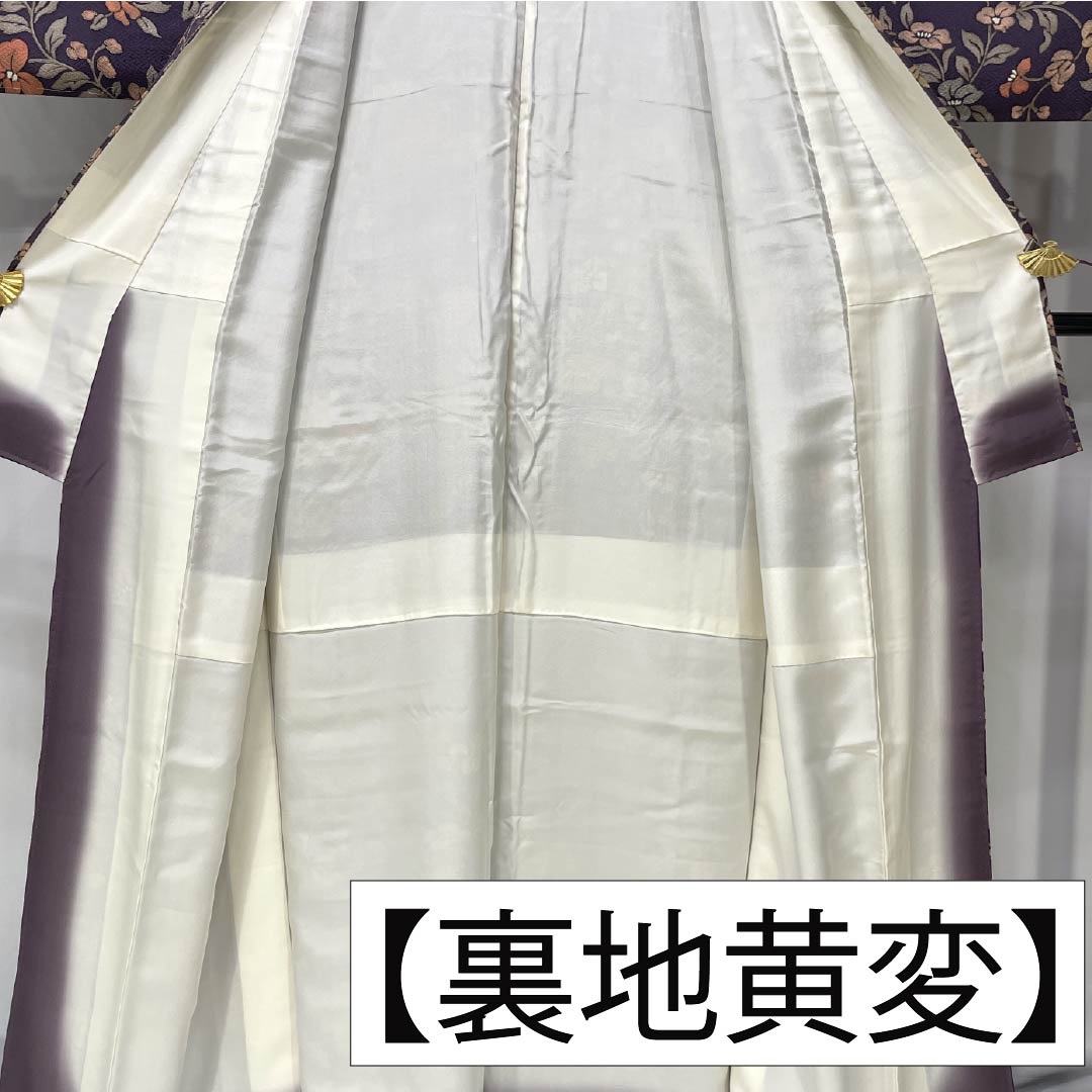 小紋 正絹 身丈162cm 裄丈64cm 袷 深紫色（ふかきむらさきいろ） 紗綾形 草花模様 Sランク 紫系 1115005972420