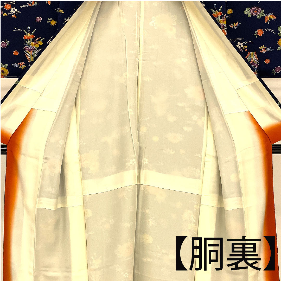 小紋 身丈154cm 裄丈66cm 袷  型染 松竹梅 花模様  正絹 Aランク 紺系 1115001213218