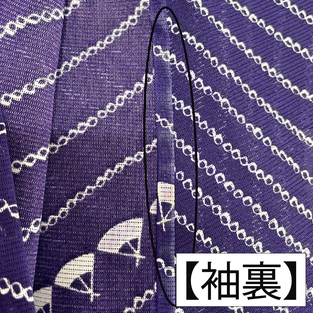 夏物 ポリエステル 小紋 身丈160.5cm 裄丈65cm 菫色（すみれいろ） 扇面 洗える着物 絽 Aランク 紫系 1132002543420