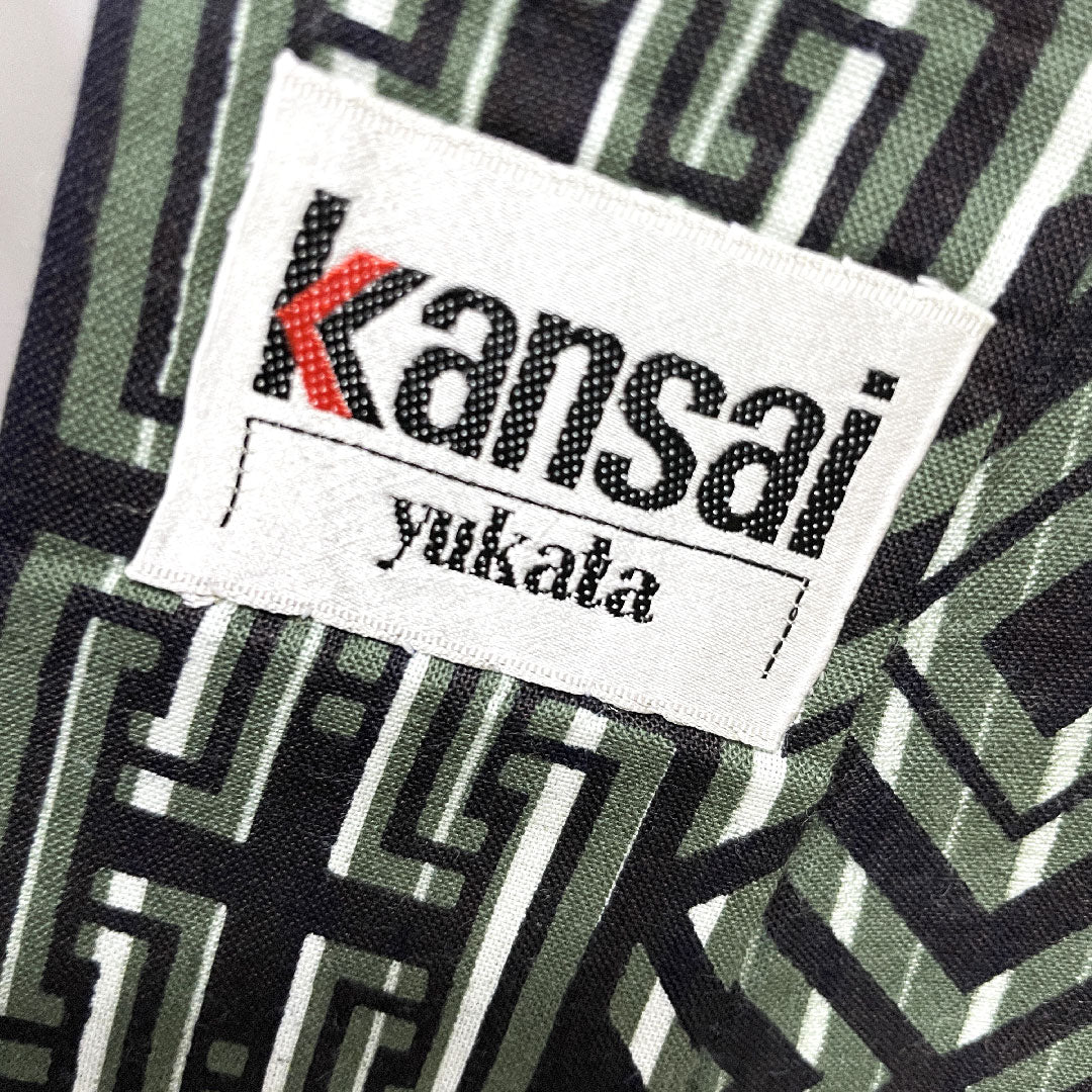 Yukata, cotton, length 153.5cm, sleeve length 73cm, S rank, single layer, green, Shimamatsunezuiro, men's, geometric pattern, Kansai Yamamoto, 1118004902519